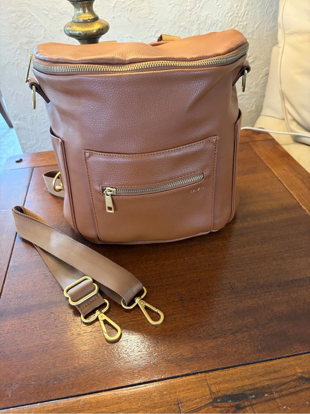 Fawn Design Convertible Leather Backpack Diaper Bag in Tan